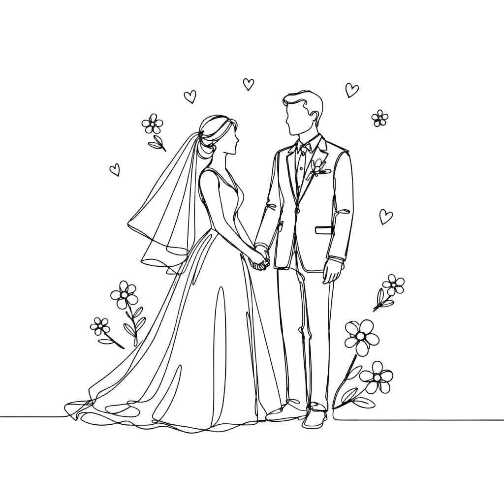 Ilustração em linha de um casal se casando, vestido de noiva, terno, flores e corações.